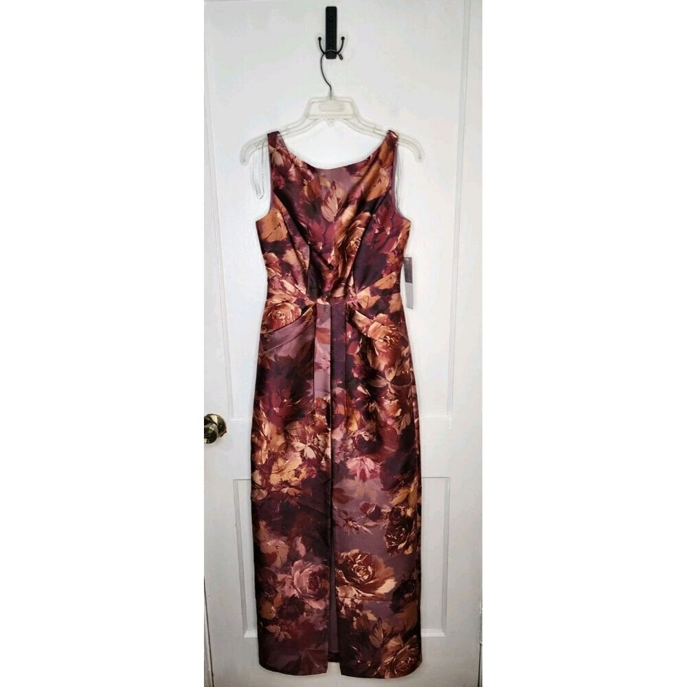 NEW $ 298 Size 2 Women Kay Unger Marlowe Autumn Rose Mikado Column Gown